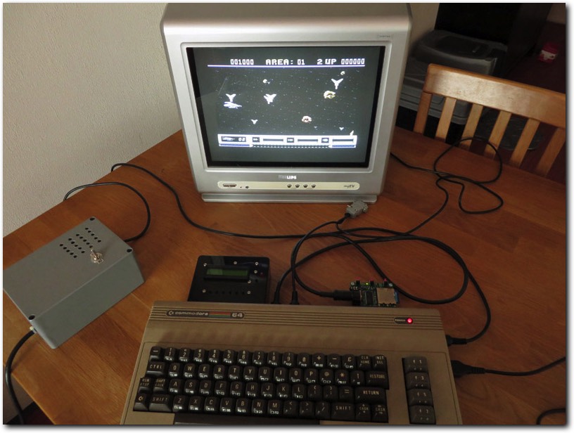 A Commodore 64 with the DC2N Datasette emulator and the 1541 Ultimate disk drive emulator