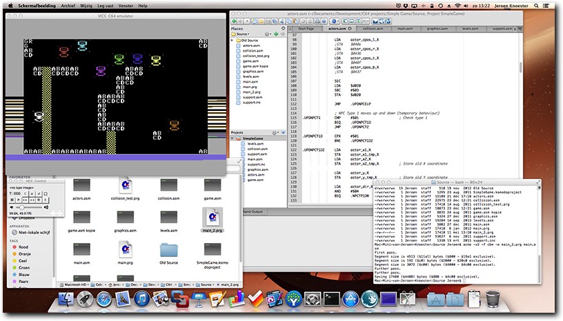 Cross development using Komodo Edit, ACME and the VICE Commodore emulator.