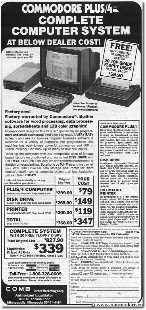 Commodore Plus/4 liquidation advert, 1986 (source: www.commodore.ca)